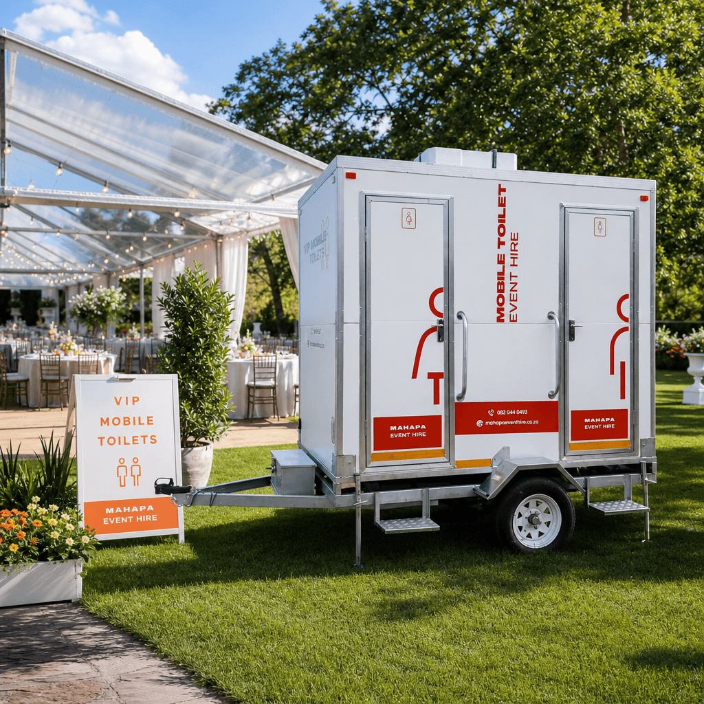 Mahapa Event Hire two-door VIP toilet trailer at an outdoor event